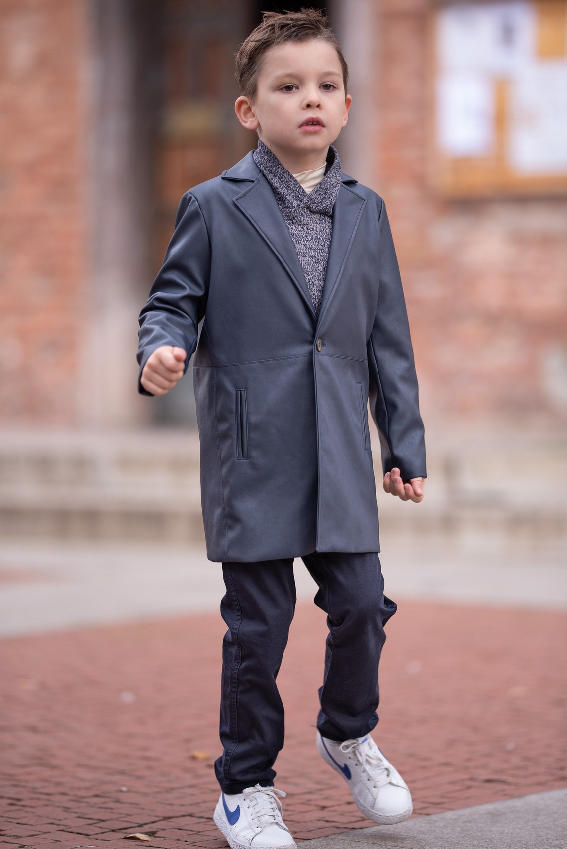 Kids Navy Blue Faux Leather Long Coat / Toddler Boy Modern | Etsy