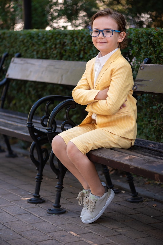 Boys Linen 3-Piece Suit: Plaid Blazer, Shorts, Polo Shirt