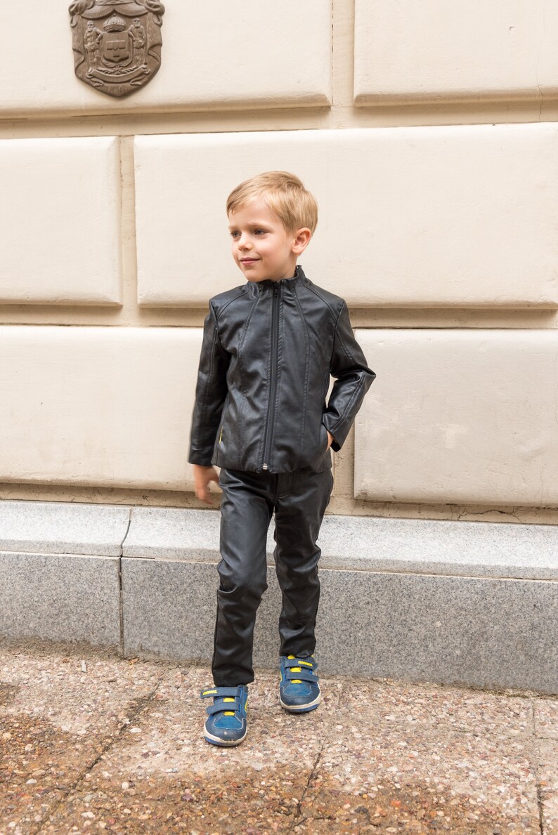 Boys Black Leather Jacket Faux Short Coat Eco Image 0 1