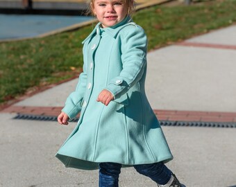 Teal winter tench coat with pockets, Warm long wool coat girl, Kids classic wool winter coats, Toddler cute winter outfits, Couture coat