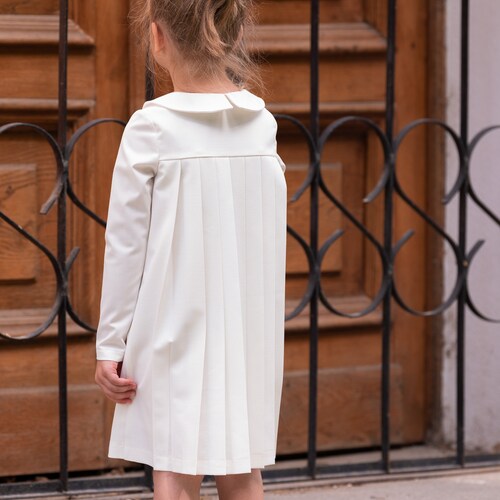 Girls white pleated dress/ Long sleeve formal dress/ Toddler girl pleated christening dress/ Peter pan collar shops baptism dress