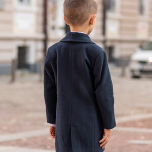 Long shawl collar wool for boys, Double breasted down coat toddler, Kids warm winter vintage coat, Navy classic coat, Junior long pea coat image 6