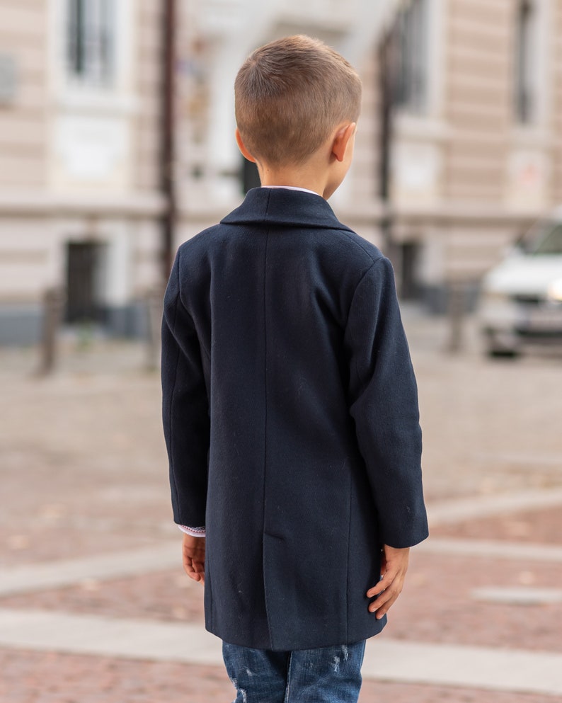 Long shawl collar wool for boys, Double breasted down coat toddler, Kids warm winter vintage coat, Navy classic coat, Junior long pea coat image 6