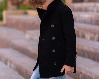 Cappotto invernale in lana nera a doppio petto, cappotto in lana per ragazzi, cappotto vintage, cappotto in lana alla moda, cappotto per bambini, cappotto per bambini, piumino, cappotto da pisello