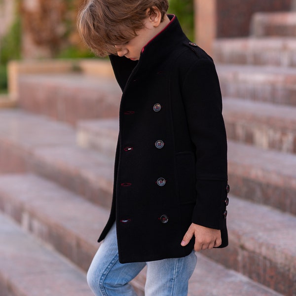 Manteau croisé en laine noire d'hiver, manteau en laine pour garçon, manteau vintage, manteau en laine tendance, manteau pour tout-petit garçon, manteau pour enfant, manteau en duvet, caban