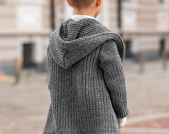 Hooded chunky knitted cardigan sweater kids/ Charcoal Hand knitted sweater wool coat toddler/ Oversized hand knit sweater slouchy cardigan Clothing Unisex Kids Clothing Jumpers 