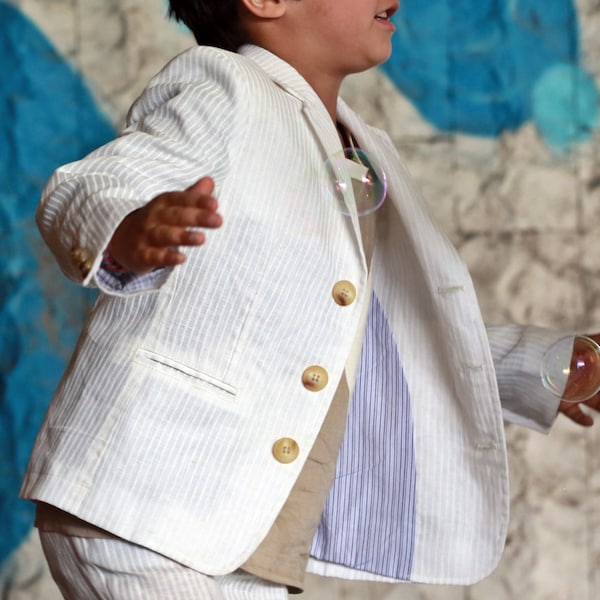Toddler Boy Linen Blazer: White Summer Wedding Ring Bearer Jacket