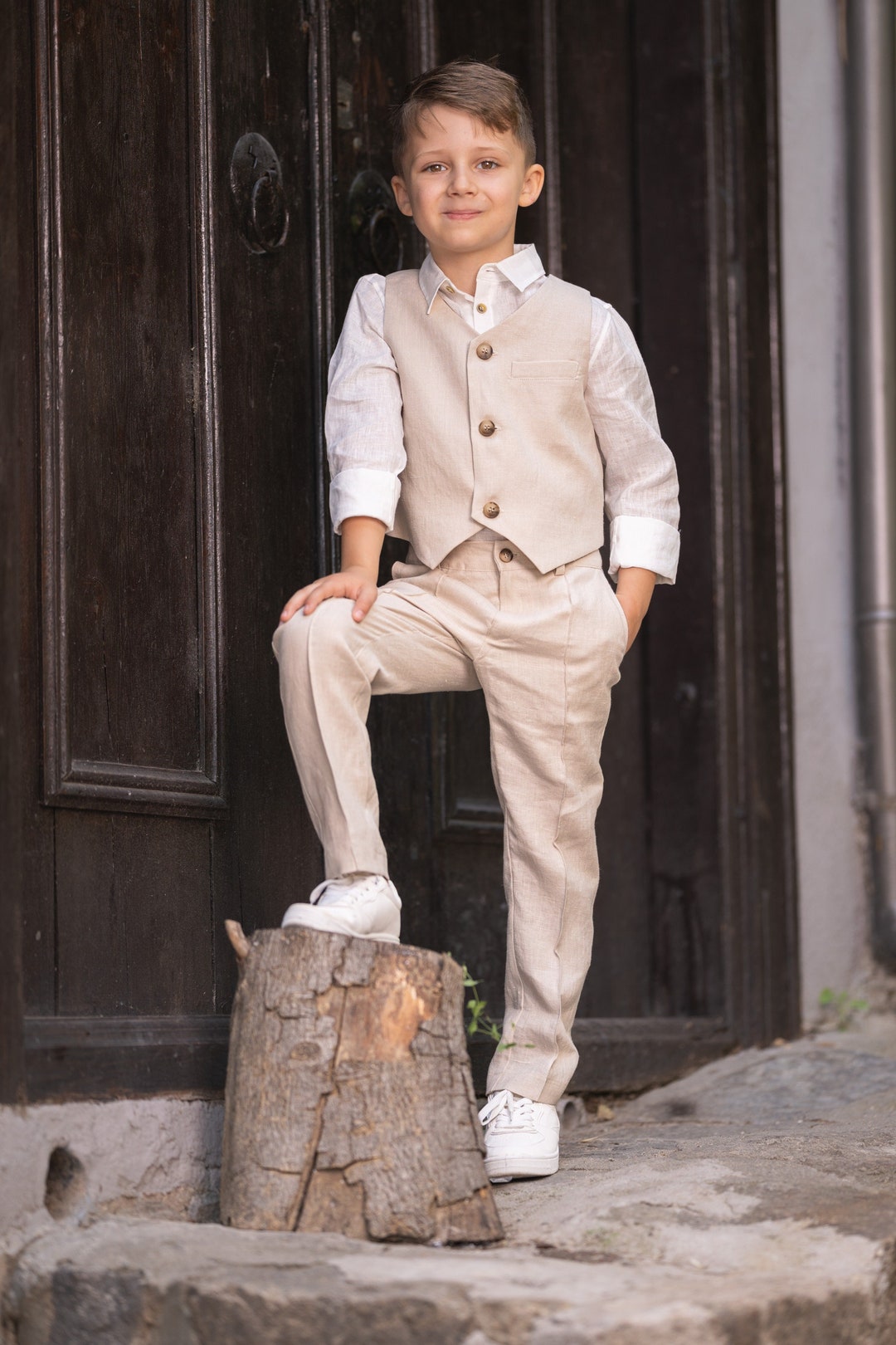 Buy Beige Linen 3-piece Suit: Rustic Wedding Outfit for Boys Online in  India