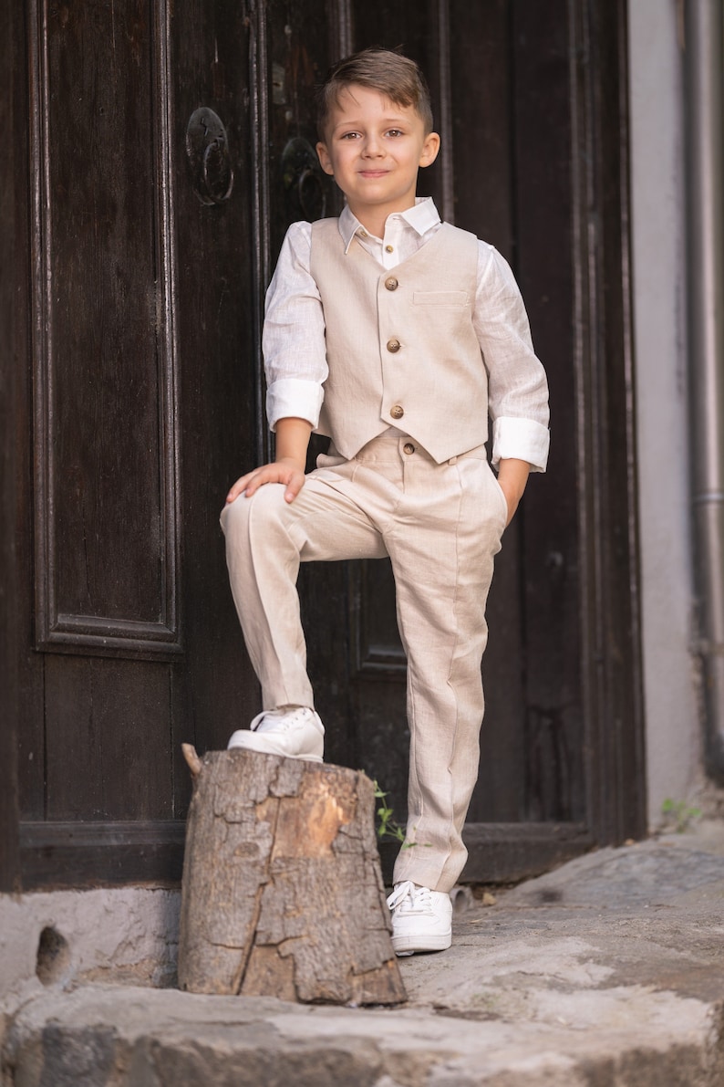 Beige linen 3 piece summer set for boys/ Rustic wedding outfit boys/ Communion linen clothing toddler dress shirt outfit/ Linen boys suit image 1