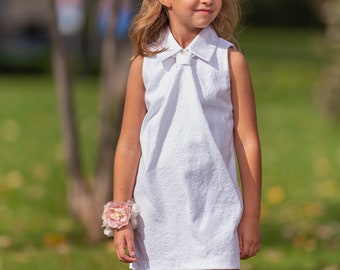 White cotton jacquard sleeveless dress for girls, Stylish toddlers formal dress, Wedding minimalist girls dress, Elegant girls outfit