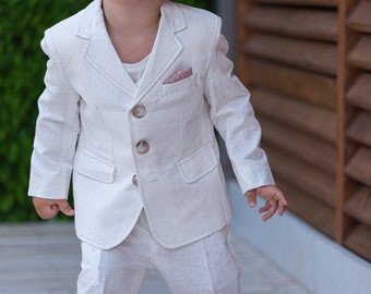 Wedding baby boy white linen suit/ Baby Christening outfit/ 2 piece formal set for babies/Linen baby wear/ Baby boy gift/ Baby luxury suit