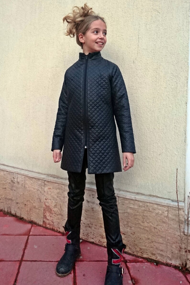 Black Faux Leather Quilted Coat For Girls Kids Jacket Long Image 0