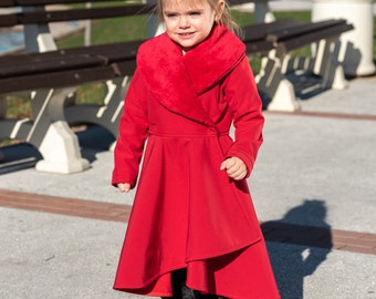 Girls coat, Red long winter coat, Girls soft shell coat jacket, Long fleece coat, Red coat jacket toddlers, Winter softshell toddler coat