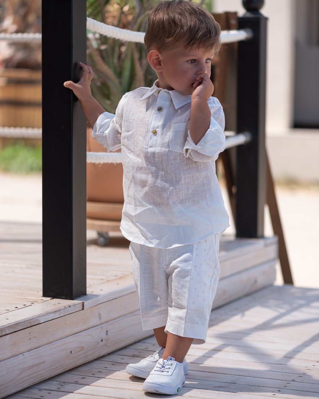 Baby Boy Christening 4-Piece Linen Set with Newsboy Cap