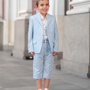 Boys linen sky blue suit / Kids linen outfit/ Communion toddler boy linen suit set/ Kids boys wedding tuxedo outfits linen dress suit
