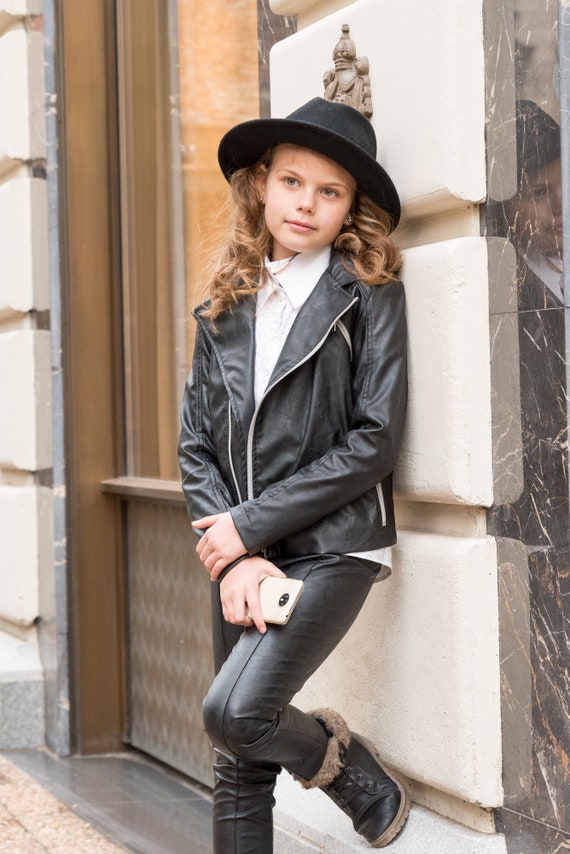 Chaqueta de cuero negro para niñas de motociclista Etsy México