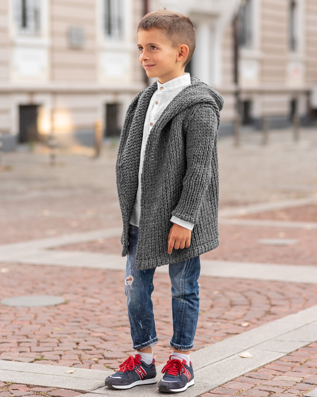 Hooded Chunky Knitted Cardigan Sweater Kids/ Charcoal Hand - Etsy