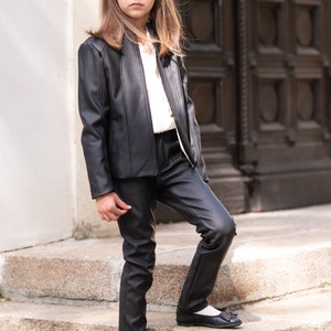 Black leather jacket/Faux leather girls outfit/Toddler leather jacket/Kids leather jacket/Vegan leather outfit/Vintage Eco leather clothing image 6