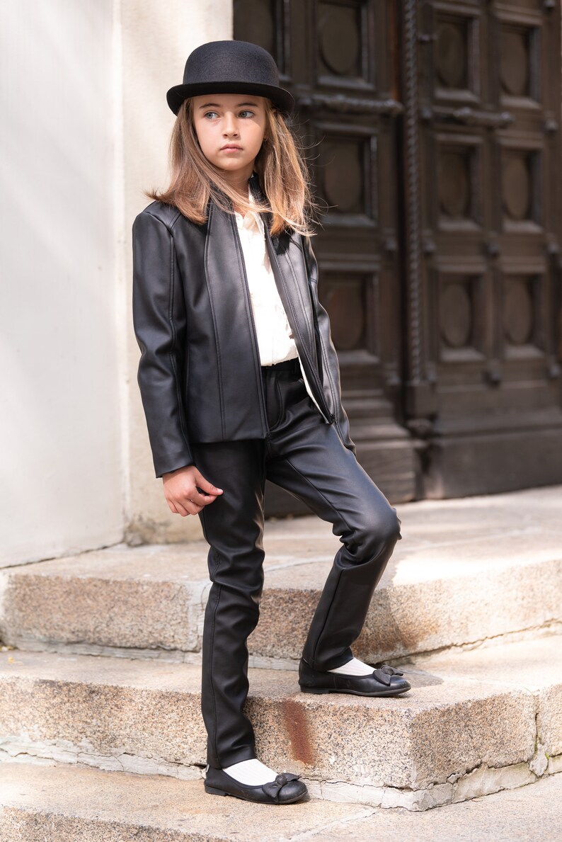 Black leather jacket/Faux leather girls outfit/Toddler leather jacket/Kids leather jacket/Vegan leather outfit/Vintage Eco leather clothing image 6