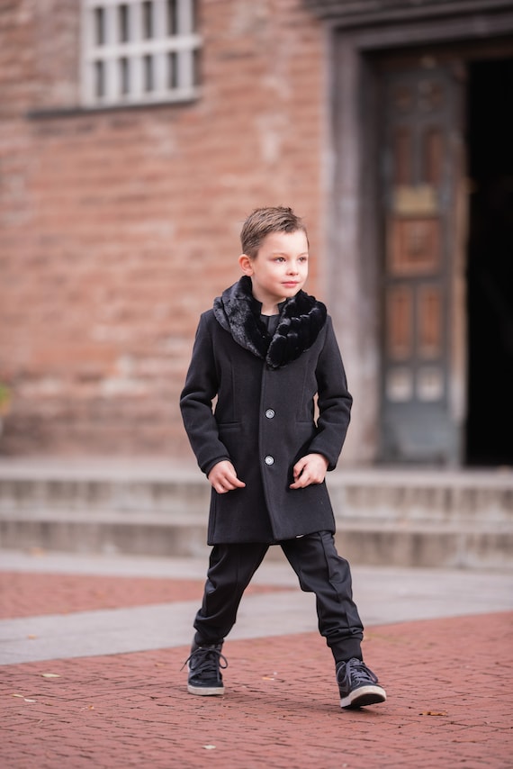 Abrigo de lana negra para niños con cuello de piel sintética extraíble,  elegante abrigo de invierno, ropa de lujo para niños, abrigo formal de lana  para niños pequeños, traje de invierno 