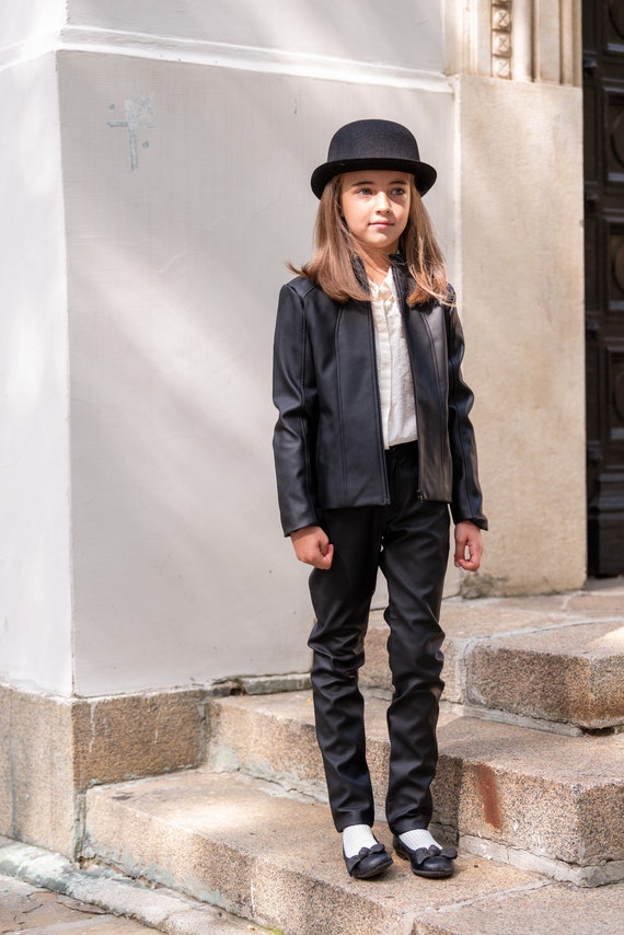 Black Faux Leather Set for Girls/ 2 Piece Faux Leather Pants and Jacket  Outfit/ Fashionable Outfit for Toddlers/ Girls Leather Wear 
