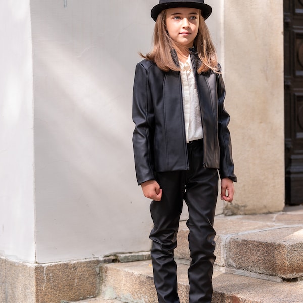 Ensemble en faux cuir noir pour les filles / Pantalon et veste en faux cuir 2 pièces / Tenue à la mode pour les tout-petits / Vêtements en cuir pour filles