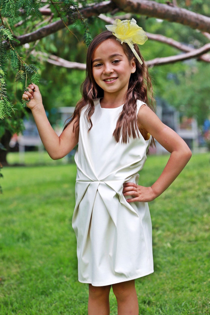 Girls white dress/Faux leather ivory dress/Bridesmaid girls dress/Kids midi dress/Toddler girls shift dress/White party dress/Black dress image 1