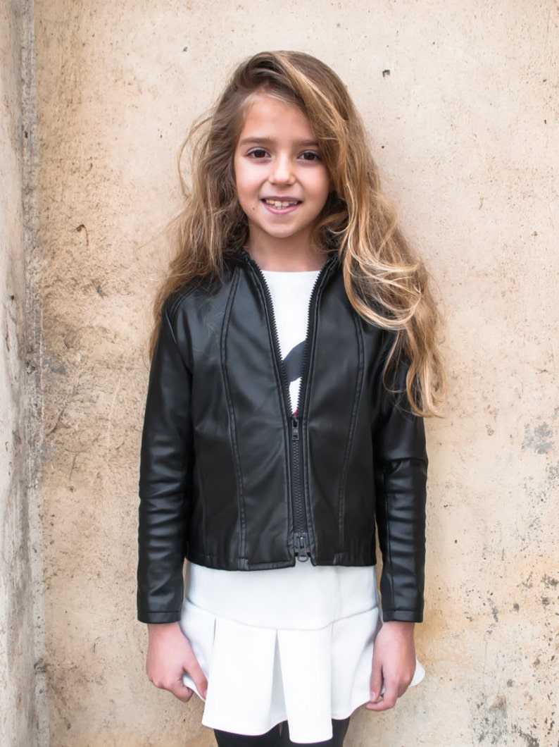 Black leather jacket/Faux leather girls outfit/Toddler leather jacket/Kids leather jacket/Vegan leather outfit/Vintage Eco leather clothing image 3