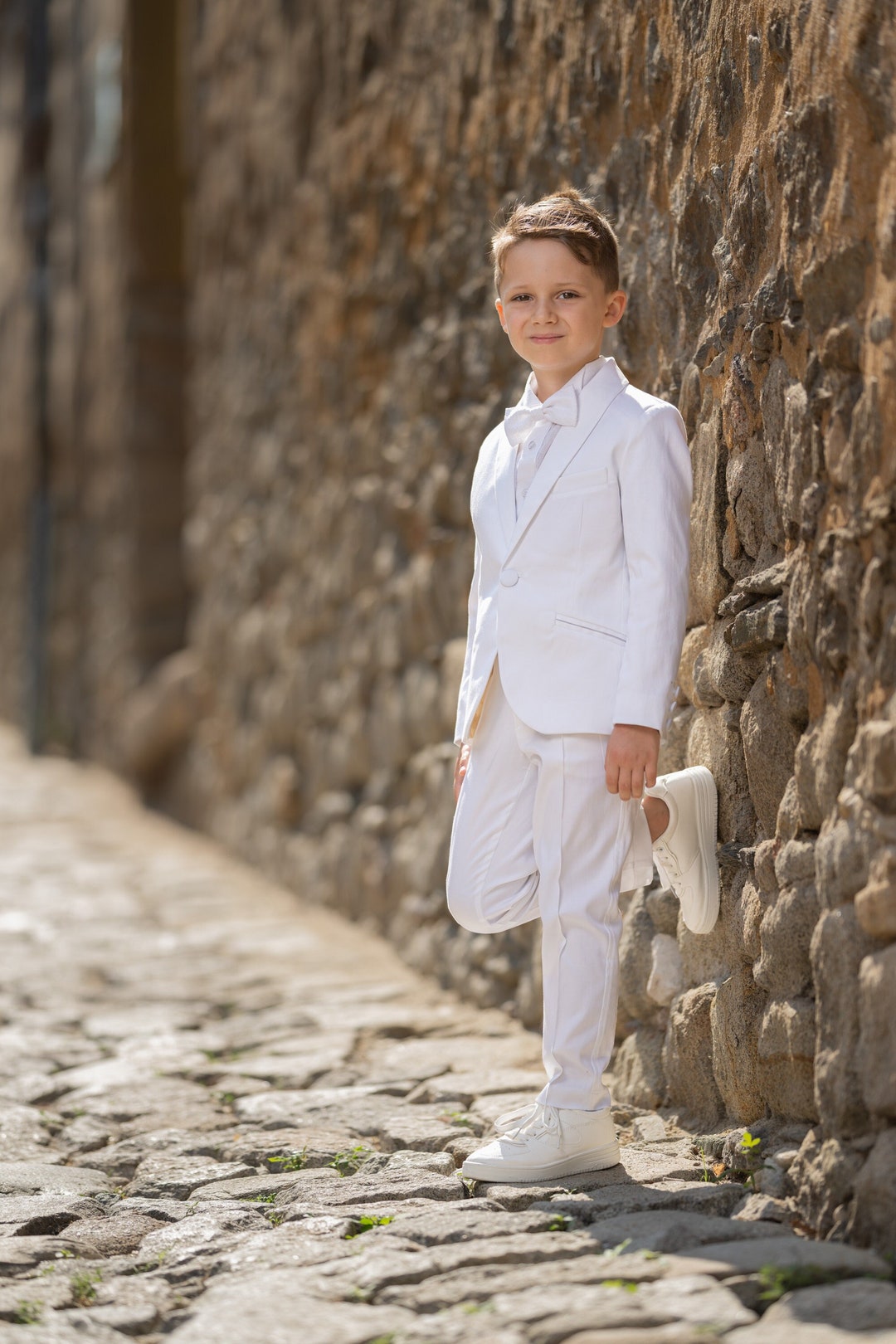 Buy Boys White Suit: 4-piece Satin Cotton Tuxedo With Bow Tie