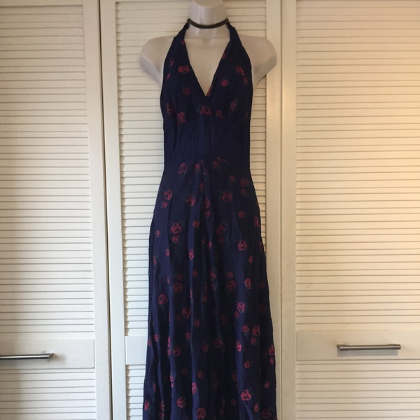 70s Navy Halter- neck Maxi with red and green flock cherries size 8