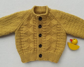 Mustard baby cardigan, mustard unisex baby clothes, gender neutral baby jumper, yellow handknitted baby sweater,  0 - 6 months, baby gift