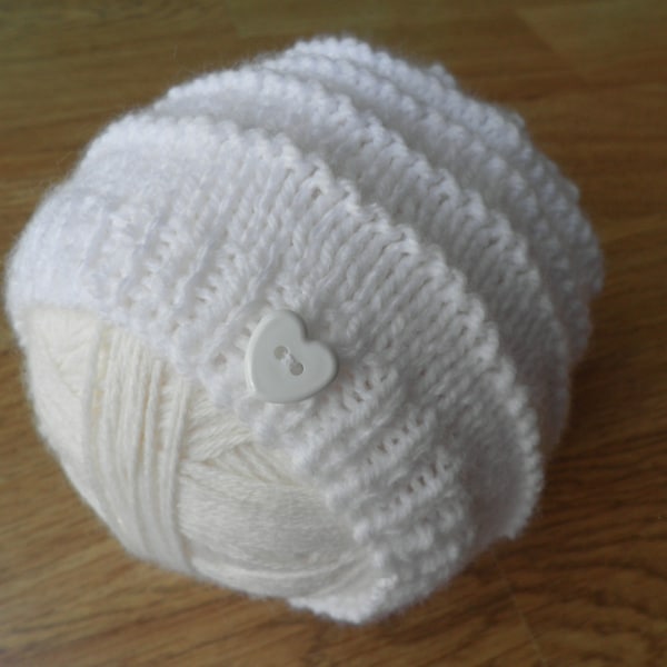 White christening hat, white baby hat, handknitted baby boy's bonnet, 3 - 6 months, winter baby clothes, baptism outfit, unisex baby gift
