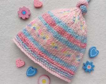 Summer baby hospital hat, cotton newborn top knot hat, cool new baby clothes, multicoloured baby coming home hat, festival clothes, boho hat