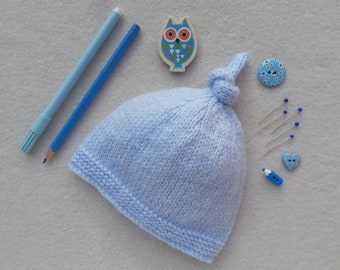 Blue baby boy hospital hat, blue baby coming home hat, boys top knot hat, handknitted plain newborn baby hat, gender reveal, baby boy gift