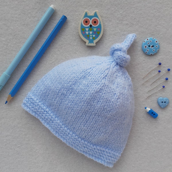 Blue baby boy hospital hat, blue baby coming home hat, boys top knot hat, handknitted plain newborn baby hat, gender reveal, baby boy gift