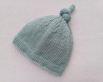 Hand-Knitted Sage Green Baby Hat: Newborn Top Knot Beanie