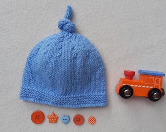 Blue baby hospital hat, blue baby coming home hat, blue top knot hat, handknitted boy's newborn baby hat, boy gender reveal, baby boy gift