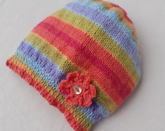 Girl's rainbow hat, girl's boho flower bonnet, stripy festival hat, 5 - 7 years, rainbow beanie, multicoloured hat, handmade kids clothes