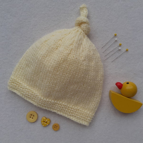 Yellow baby hospital hat, yellow baby photo prop, baby top knot hat, handknitted plain newborn baby hat, gender neutral baby shower gift