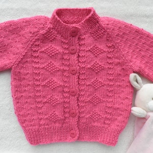 Hand Knit Raspberry Pink Baby Cardigan: Diamond Pattern, 6-12 Months