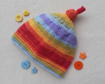 Rainbow baby top knot hat, unisex baby hat, 3 - 6 months, handknitted baby hat, festival baby hat, baby boho clothes, baby hospital hat