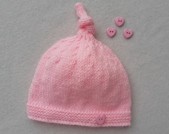 Handknitted Newborn Hat: Pink Baby Top Knot Hat, Heart Button