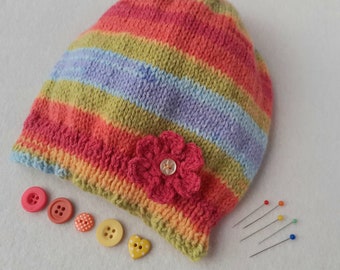 Girl's rainbow hat, girl's boho flower bonnet, girl's stripy festival hat, 3 - 4 years, handknitted rainbow beanie, girl's multicoloured hat