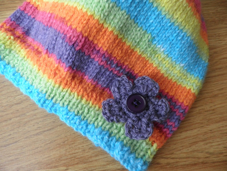 girl/'s boho bonnet handknitted clothes festival hat Girl/'s rainbow hat stripy bonnet multicoloured hat rainbow beanie 5-7 years