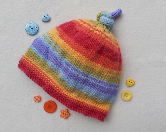 Rainbow baby top knot hat, unisex baby hat, 6 - 12 months, handknitted baby hat, festival baby hat, baby boho clothes, baby hospital hat