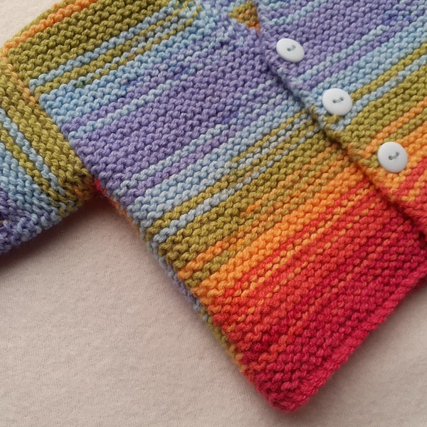 Rainbow baby cardigan, garter stitch multicoloured baby cardigan, gender neutral baby jumper, handknitted rainbow baby sweater, 0 - 3 months