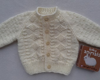 Cream knitted baby cardigan, cream gender neutral baby clothes, unisex baby jumper, cream handknitted baby sweater,  0 - 6 months, new baby