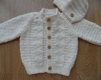 Boy's cream cardigan and hat, aran sweater, handknitted cardigan, 6 - 12 months, boy's clothes, cream jumper, baptism sweater, christening