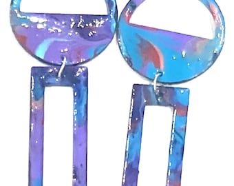 Hand-Painted Abstract Geometric Dangle Earrings | Gold Accents, OOAK Wearable Art