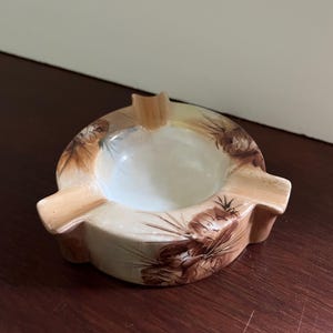 Vintage Ceramic Three-Holder Deep Ashtray | 1930s-1950s Design | Hand Painted Pinecones